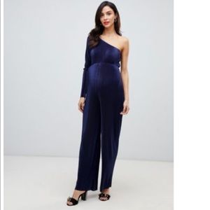 Pleated blue one sleeve jumpsuit